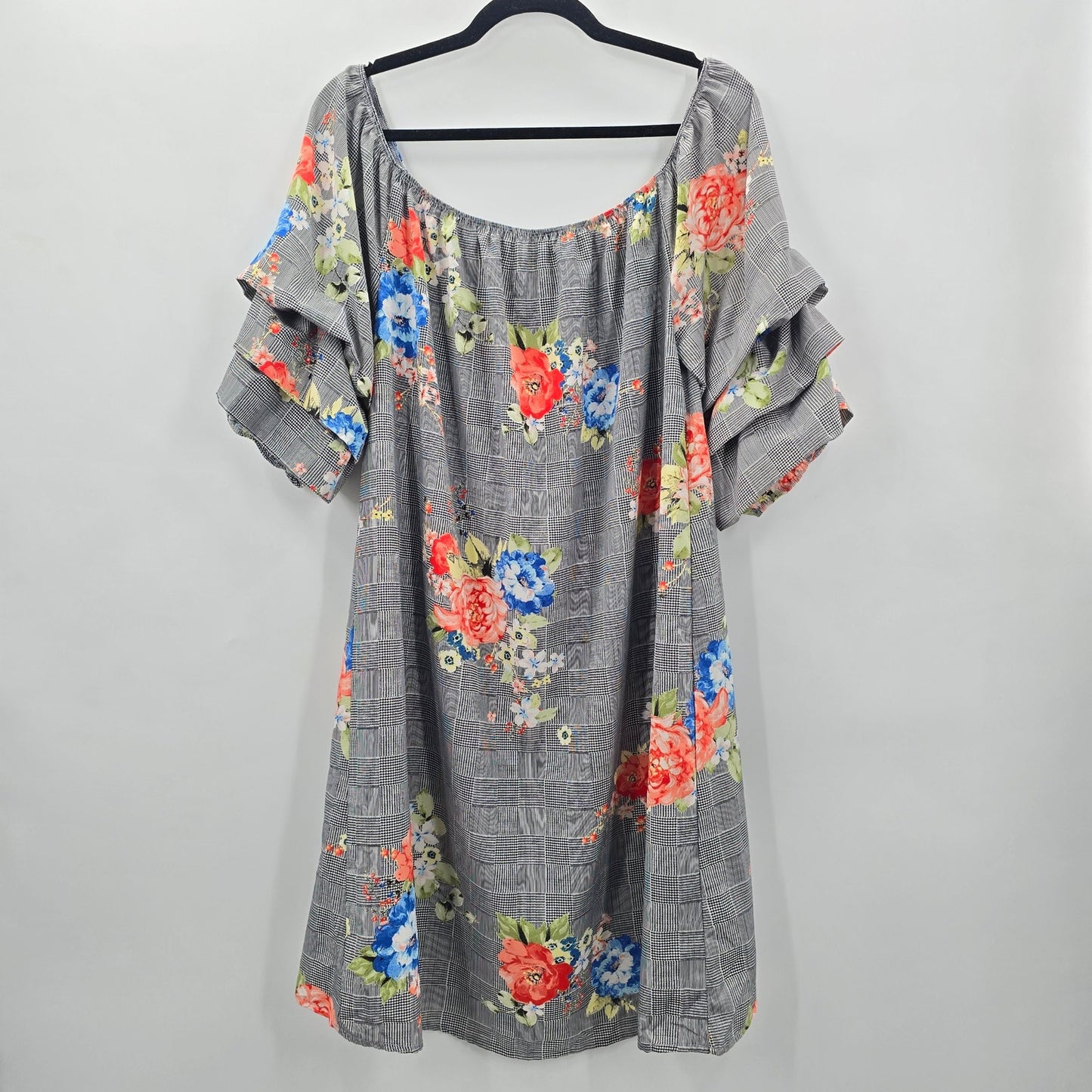 Love J Gray Floral Short Sleeve Knee Length Plus Dress 1X