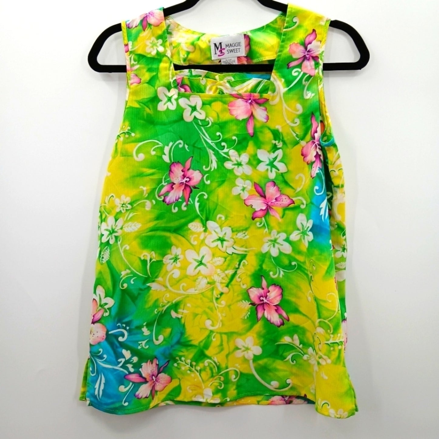 Maggie Sweet Yellow Green Floral Sleeveless Blouse Top Small