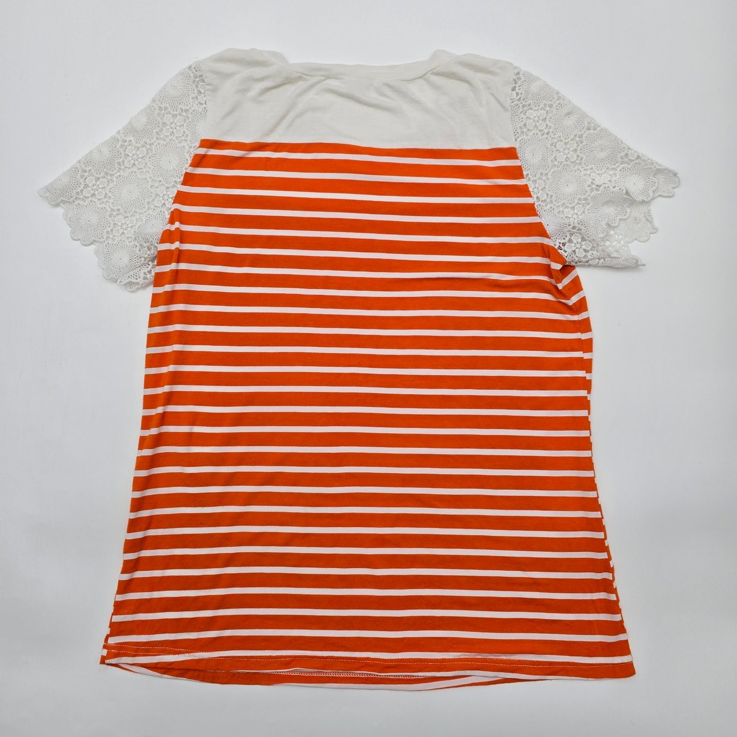 Cato Orange White Stripe Lace Short Sleeve T-shirt Tee L Blouse Top Shirt Large