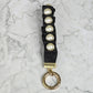 Black Faux Leather Pearl Accent Circle Clip Hook Wristlet Keychain