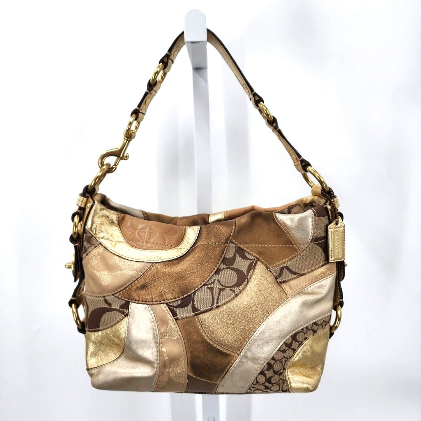 Coach Tan Signature Canvas Metallic Gold Leather Texture Patchwork Should Bag