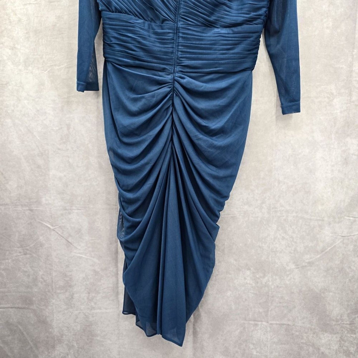 Adrianna Papell Blue Sheer Beaded Midi Length Cocktail Dress Size 12