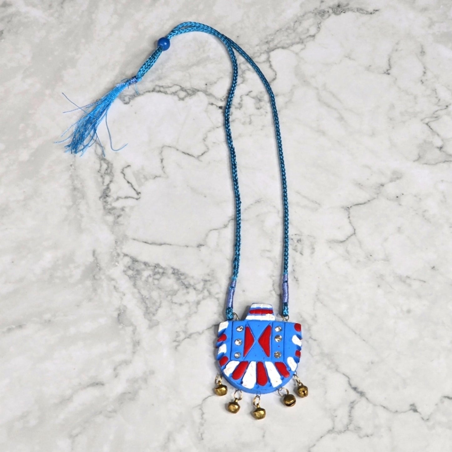 Blue Red Bell Pendant Rhinestone Adjustable String Fashion Jewelry Necklace