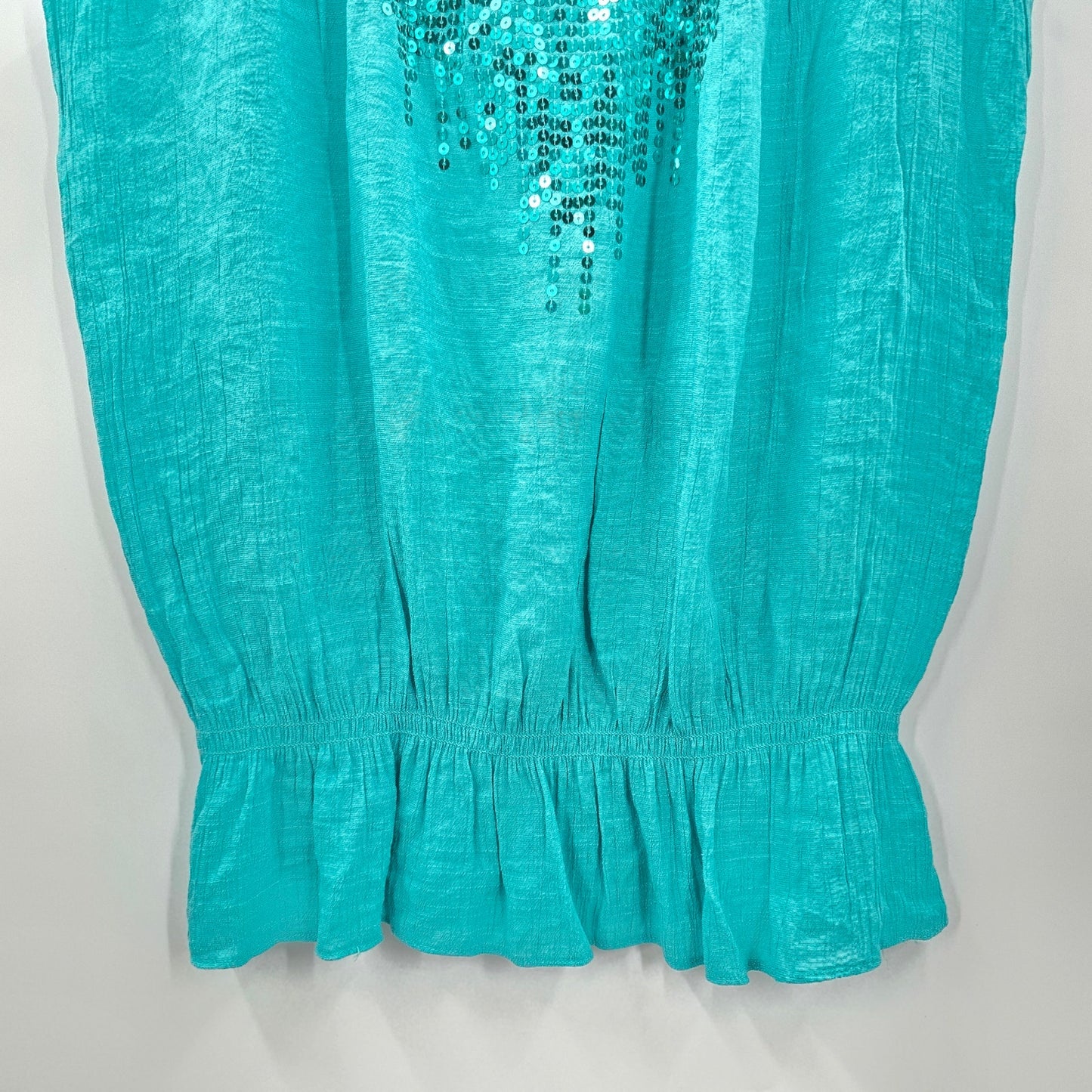 New Directions Green Short Sleeve Sequins L Ruffle Blouse Top Shirt Large