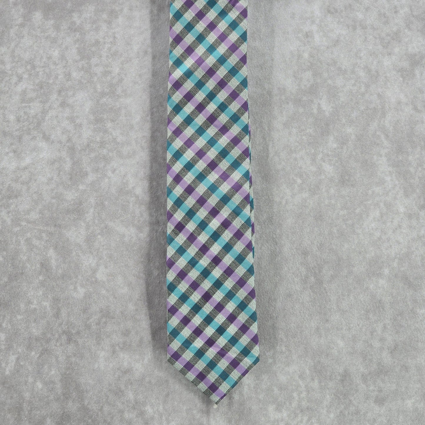 JF J. Ferrar Gray Purple Blue Plaid Men's Neck Tie NWOT