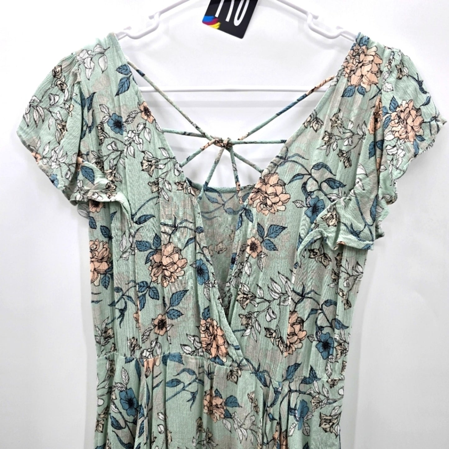 Koovs Blue Mint Short Flare Boho Wrap Floral Dress Size S