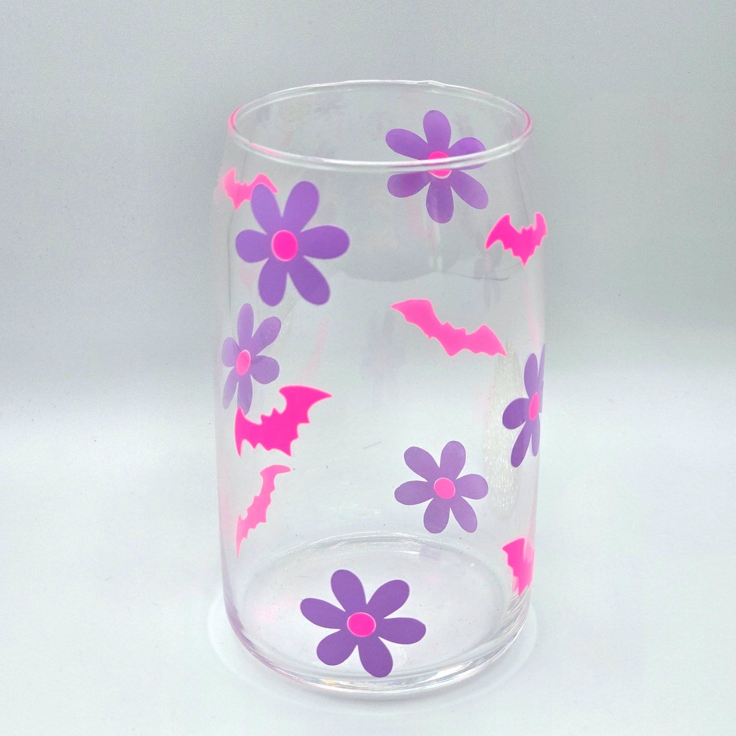 Bats and Flowers Purple Pink 16oz Beer Can Glass Cup NWT