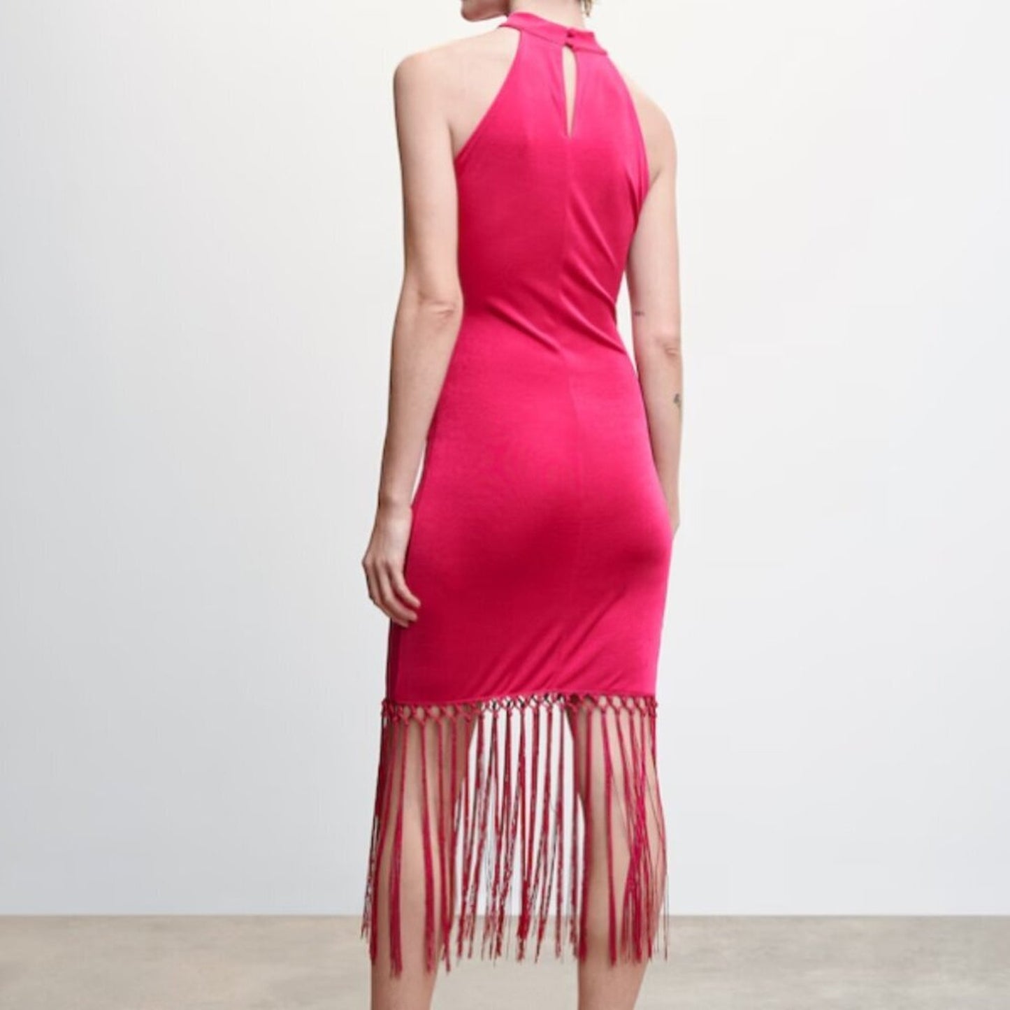 Mango MNG Halter Neck Fringed Pink Fuchsia Sleeveless Dress NWT Size 6