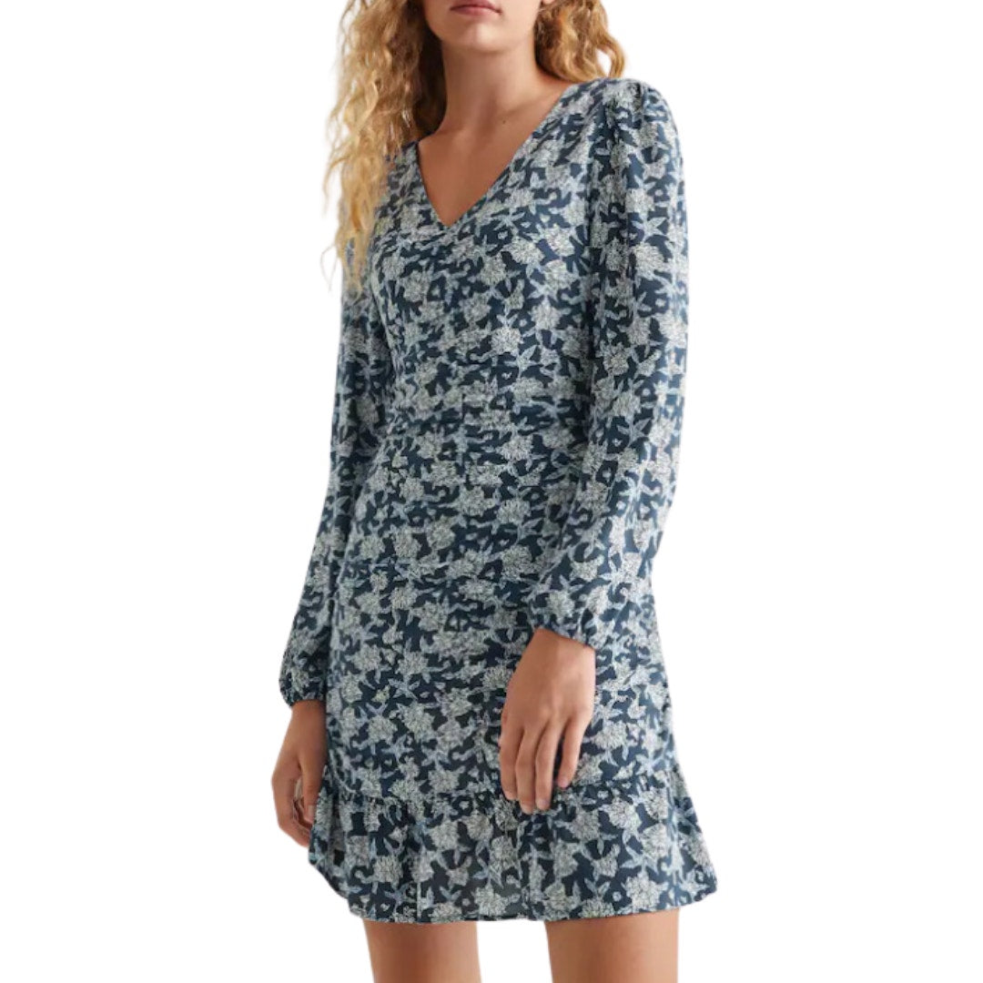 Mango Navy Ruched Flower Long Sleeve Short Dress Girls Kids Medium NWT