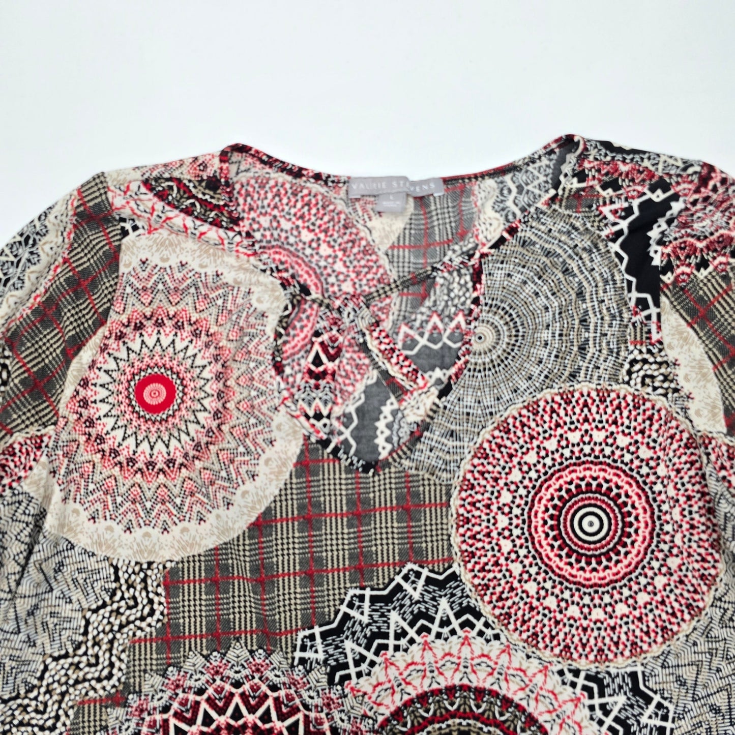 Valerie Stevens Black Red Floral Circle Patterned L Blouse Top Shirt Large