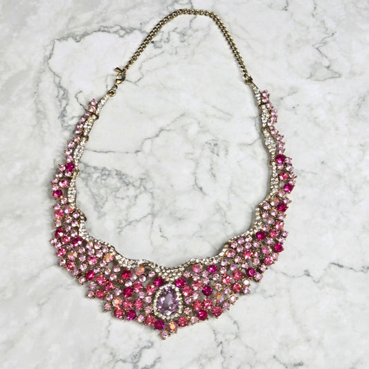 Zara Pink Rhinestone Gem Chain Link Multicolor Statement Necklace