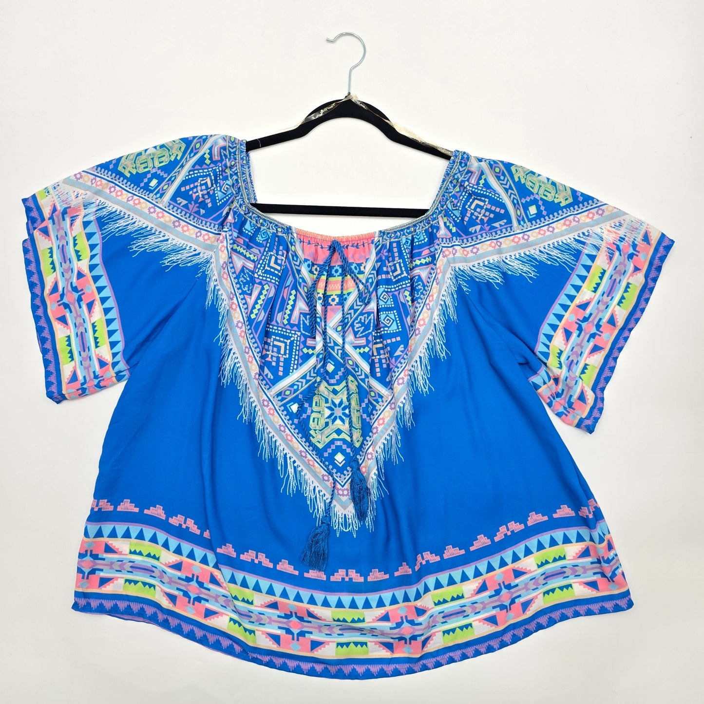 Flying Tomato Blue Geometric Short Sleeve Blouse Top Shirt Plus 1XL