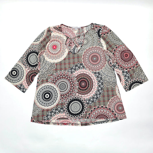 Valerie Stevens Black Red Floral Circle Patterned L Blouse Top Shirt Large