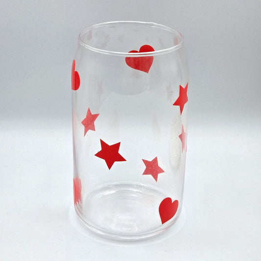 Red Hearts and Stars 16oz Beer Can Glass Cup NWT