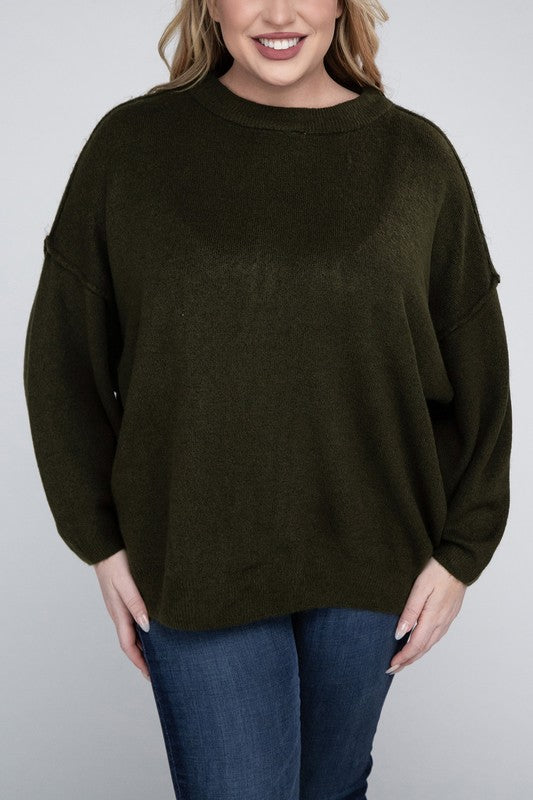 Plus Oversized Round Neck Raw Seam Melange Sweater