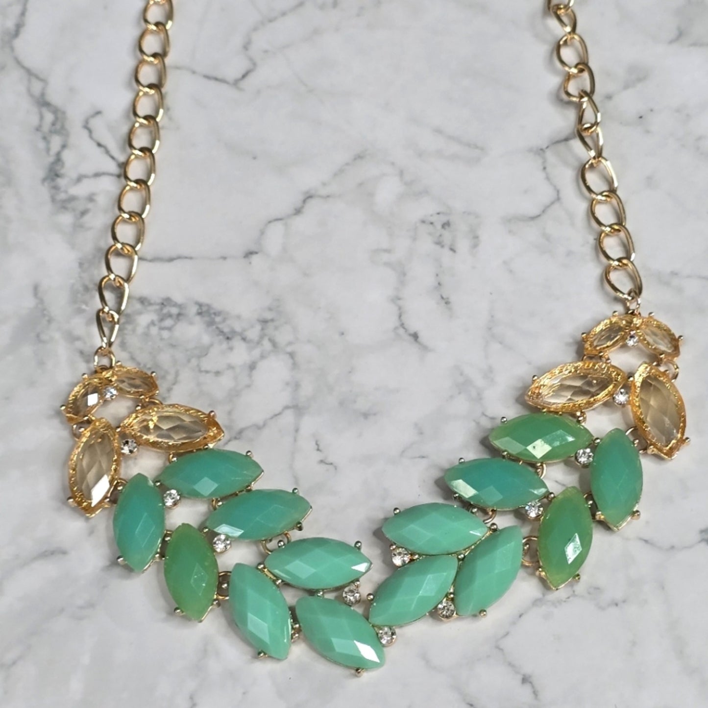 Zara Green Leaf Rhinestone Gem Chain Link Multicolor Statement Necklace