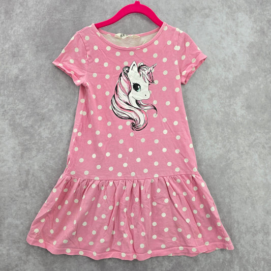 H&M Pink Polka Dot Unicorn Short Sleeve Dress Girls Toddler 4-6Y