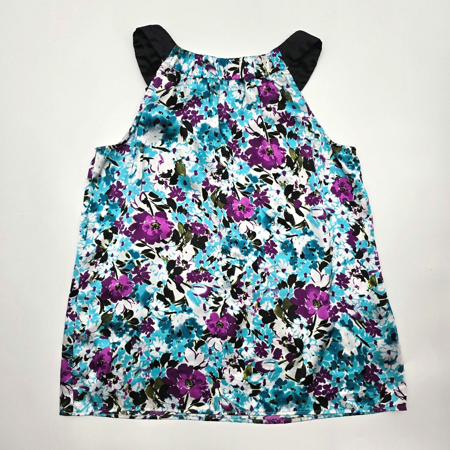 AB Studio Blue Purple Floral Tie Sleeveless L Blouse Top Shirt Large