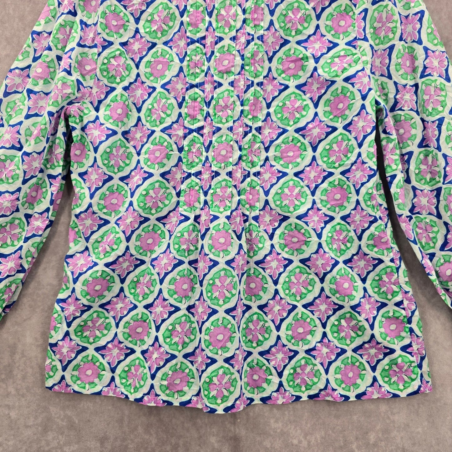 Talbots Green Pink Floral Paisley Boho Cotton Spring Shirt Top Blouse Small