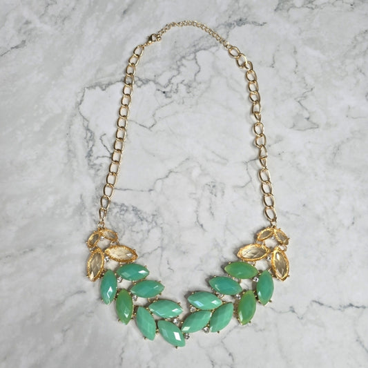 Zara Green Leaf Rhinestone Gem Chain Link Multicolor Statement Necklace