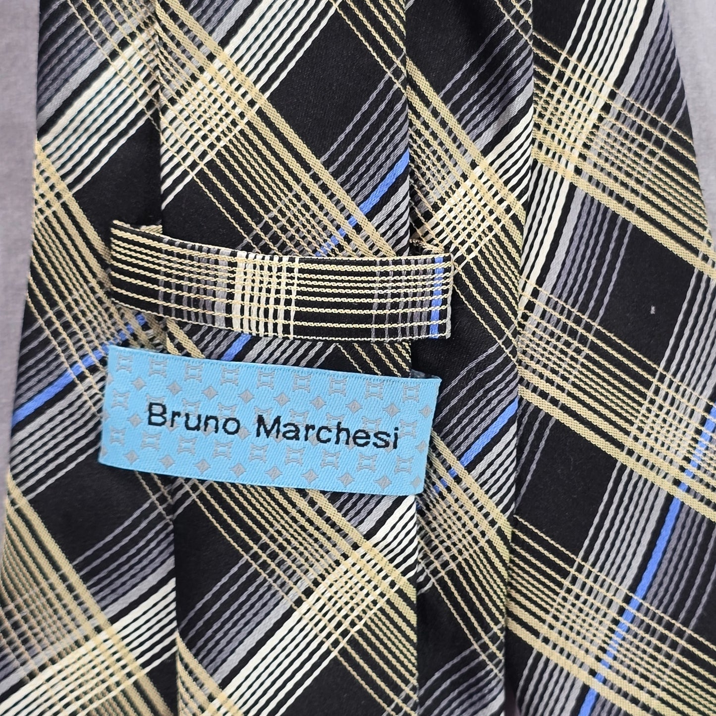 Bruno Marchesi Black Blue Gold Plaid Tartan 100% Silk Men's Neck Tie NWOT