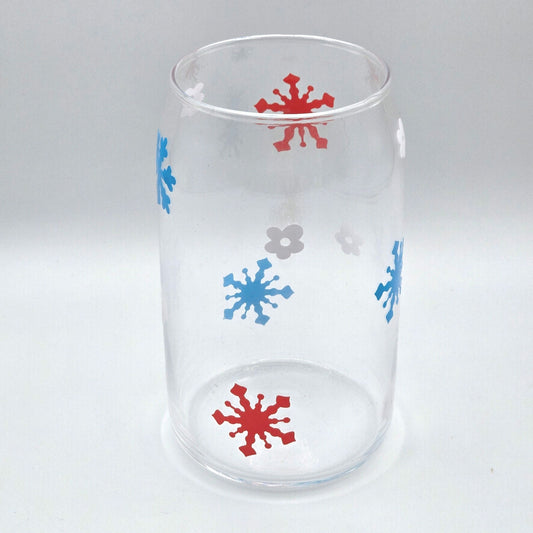 Snowflake Flower Red White Blue 16oz Beer Can Glass Cup  NWT