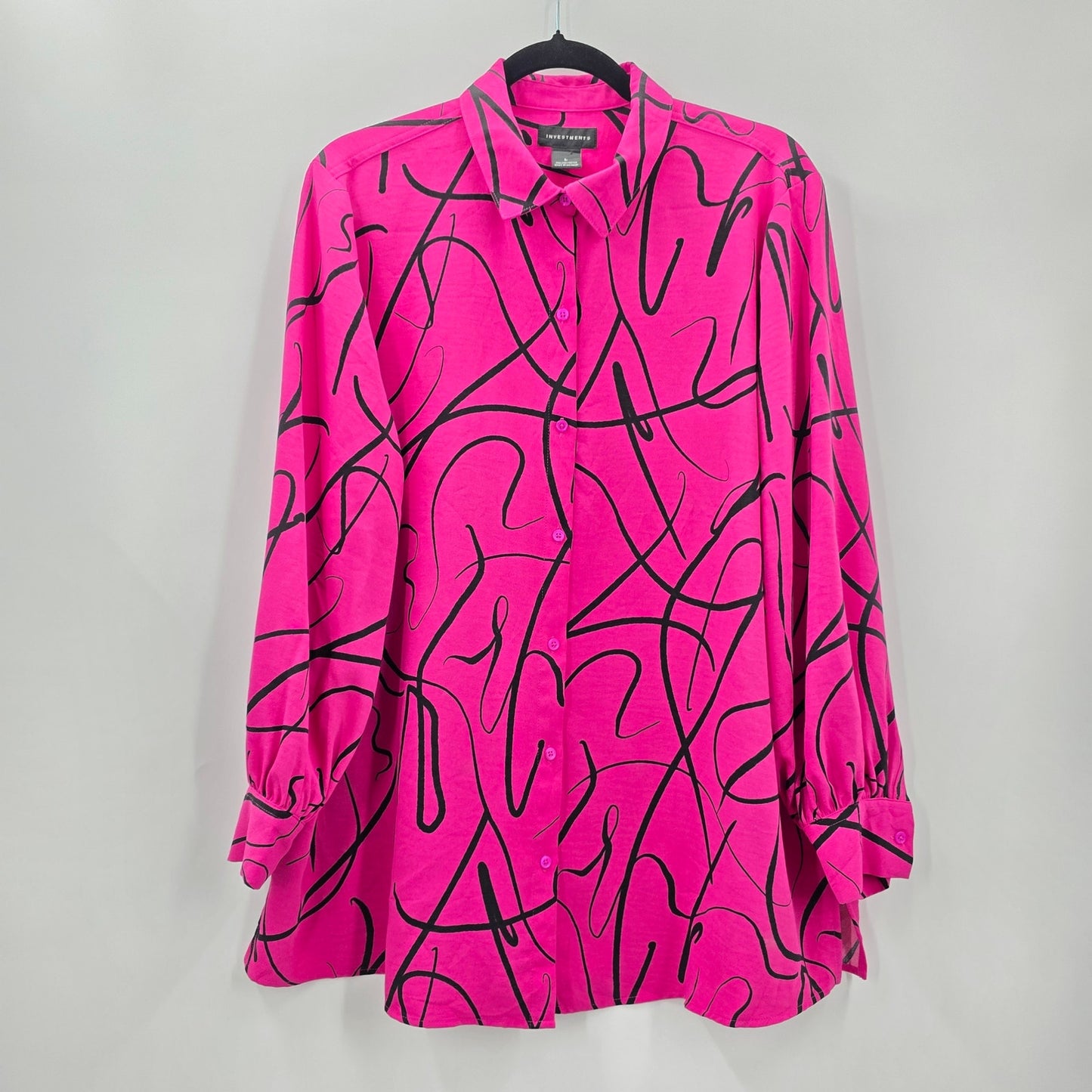 Investments Pink Black Retro Polyester Button Long Sleeve Blouse Top Shirt Large