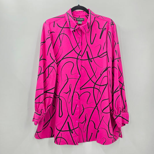 Investments Pink Black Retro Polyester Button Long Sleeve Blouse Top Shirt Large