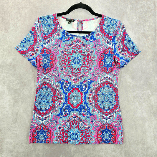 Talbots Floral Paisley Mandala Boho Short Sleeve Red Blue Top Small