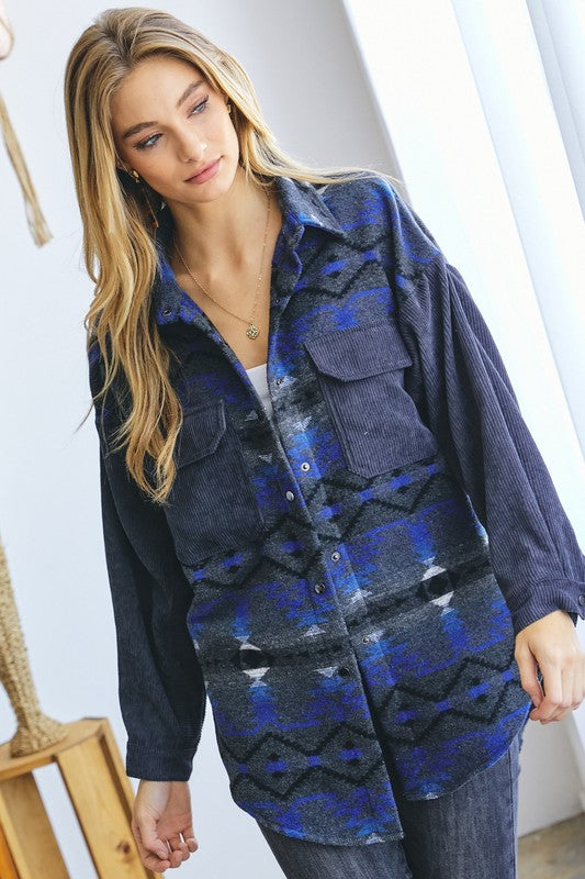 Printed Button Down Long Sleeve Jacket