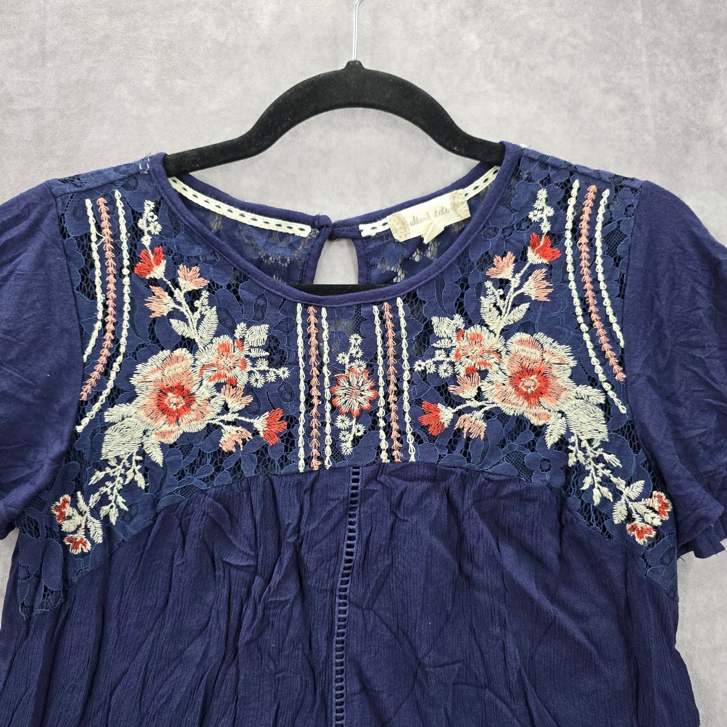 Altar'd State Blue Floral Embroidered Talon Lace Crochet Short Sleeve Top Small