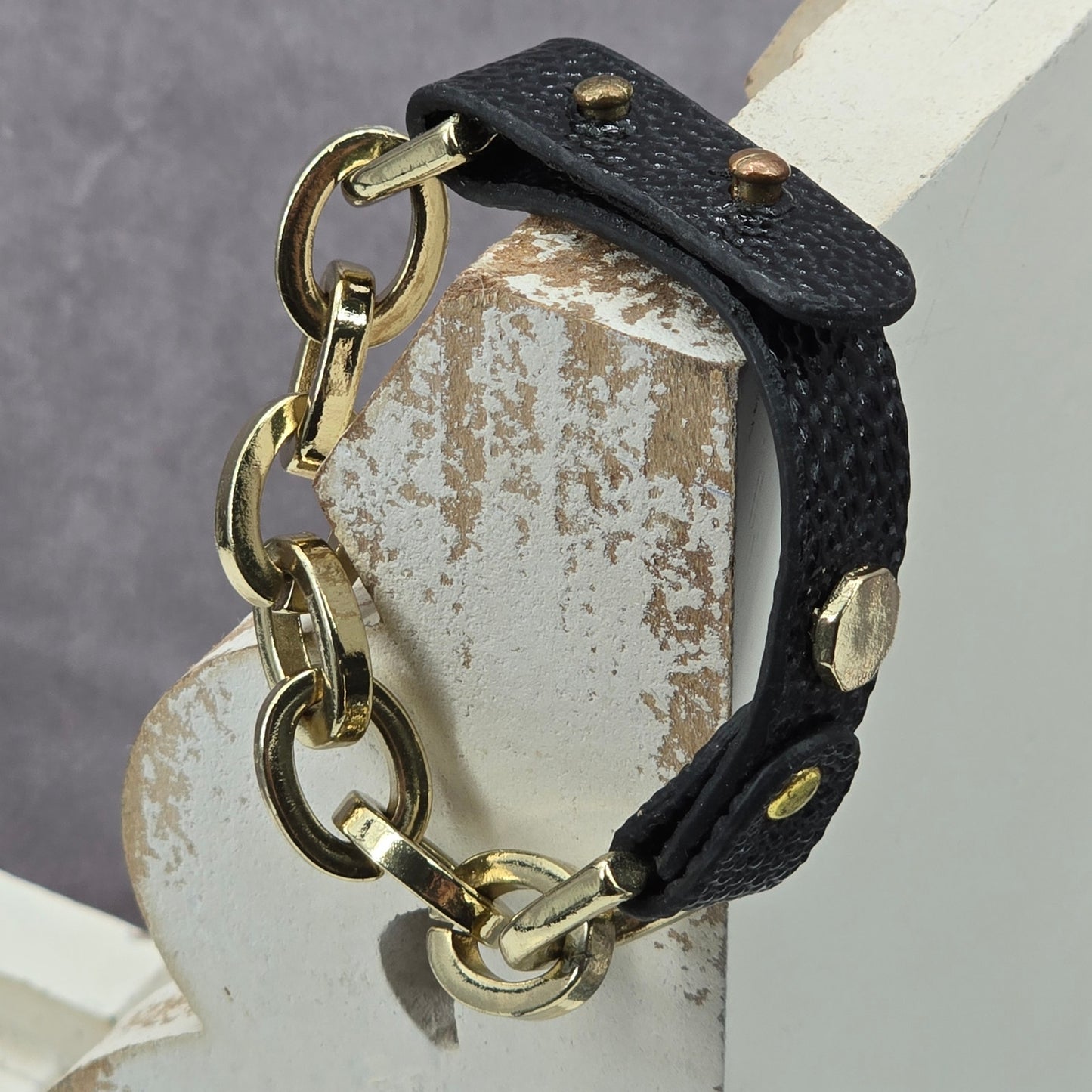 Zara Black Faux Leather Gold Chain Link Bracelet Fashion Jewelry NWOT JB4-13