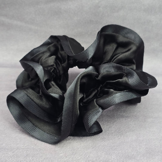 Black Ruffles Silk Hair Tie Accessories Scrunchie Handmade SB24