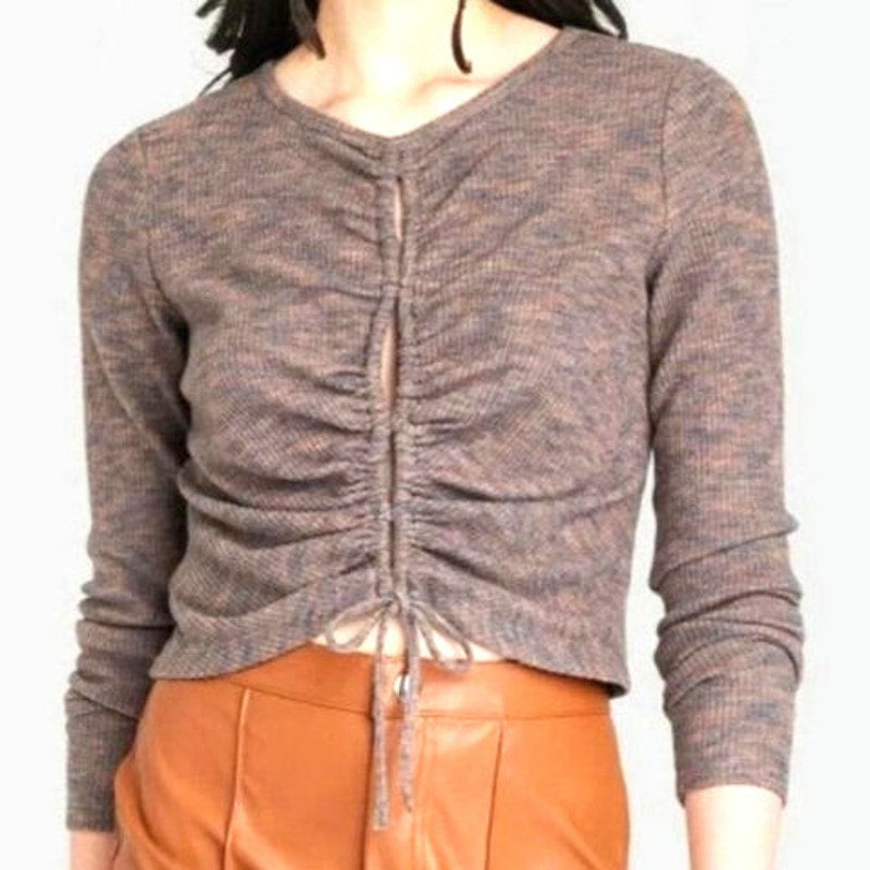 Wild Fable Brown Knit Crop Drawstring Split Longsleeve Cozy Top NWT Extra Large