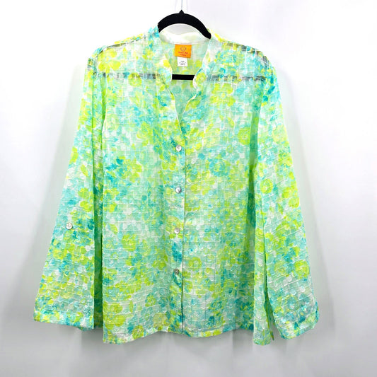 Ruby Rd Green Semi Sheer Long Sleeve Button Blouse Top Shirt Plus 20W