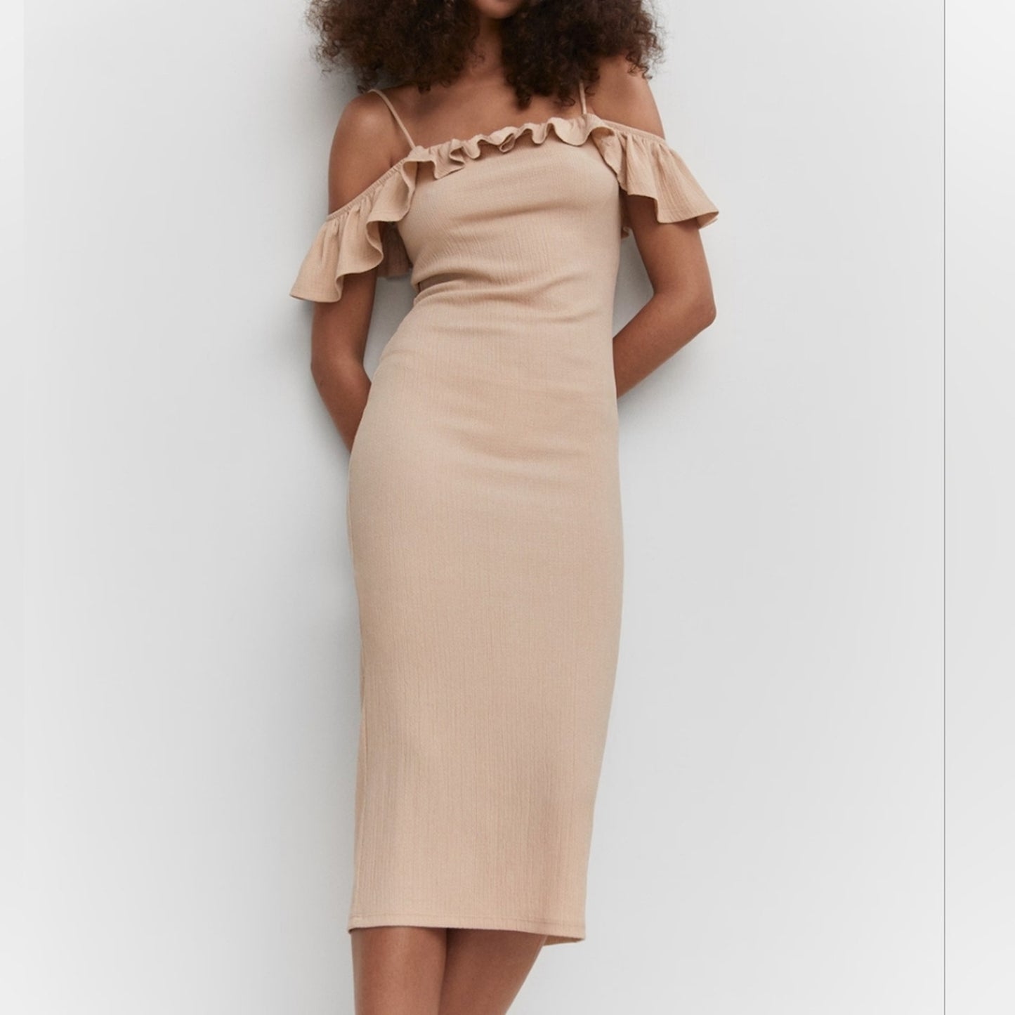 Mango Janice Bone Nude Ruffle Sleeveless Midi Dress 6 NWT