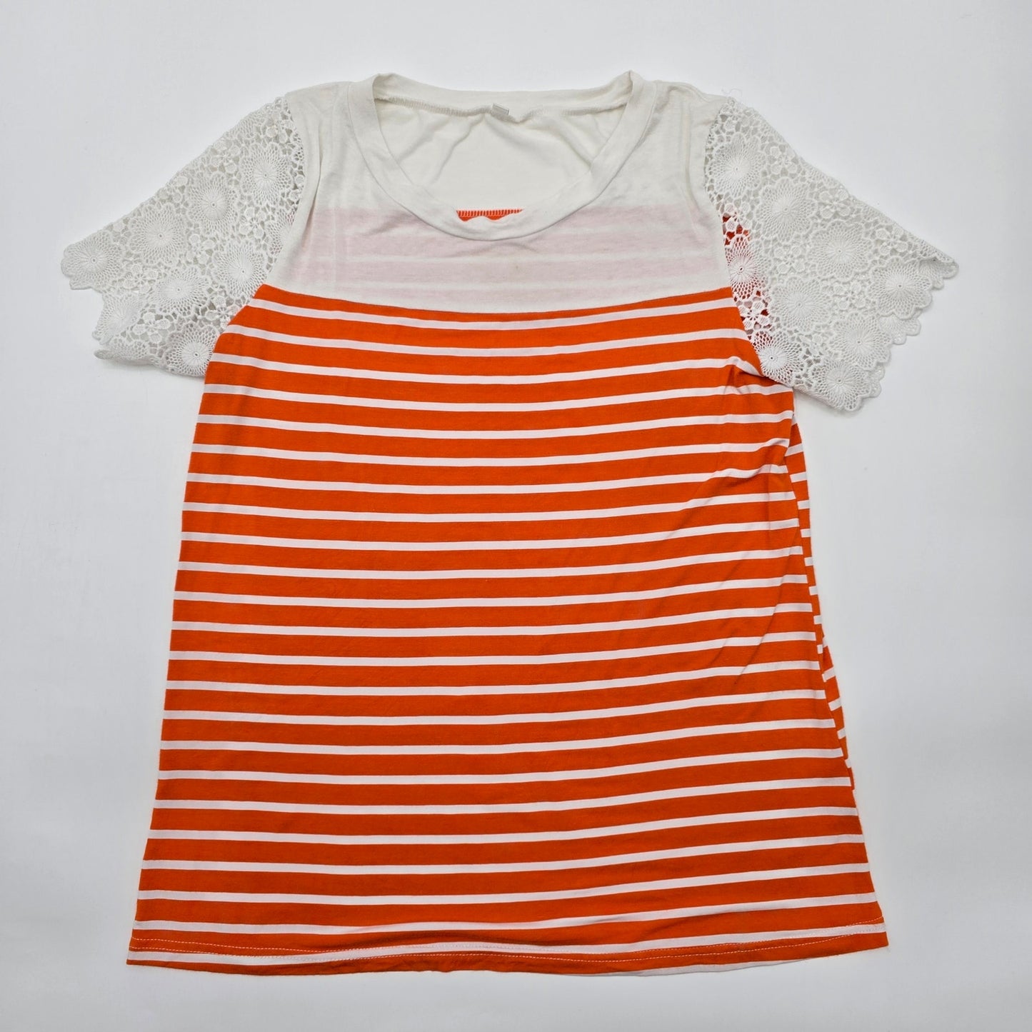 Cato Orange White Stripe Lace Short Sleeve T-shirt Tee L Blouse Top Shirt Large