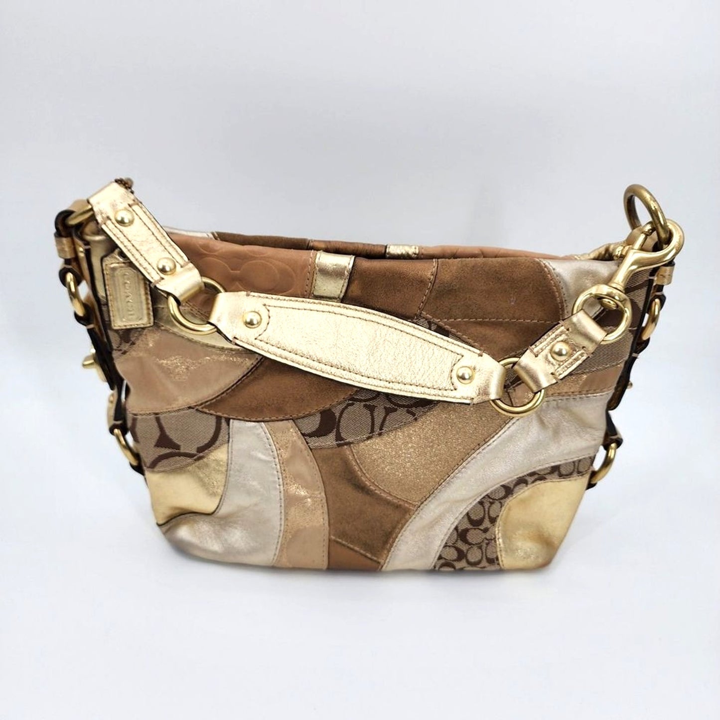 Coach Tan Signature Canvas Metallic Gold Leather Texture Patchwork Should Bag