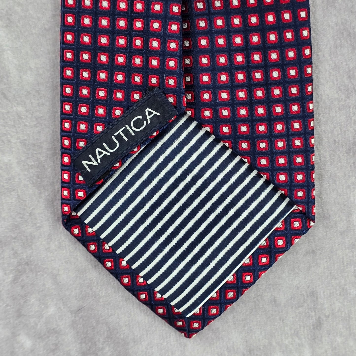 Nautica Red Blue White Dot Box Geometric 100% Silk Men's Neck Tie NWOT