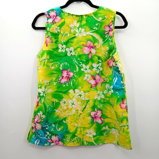 Maggie Sweet Yellow Green Floral Sleeveless Blouse Top Small