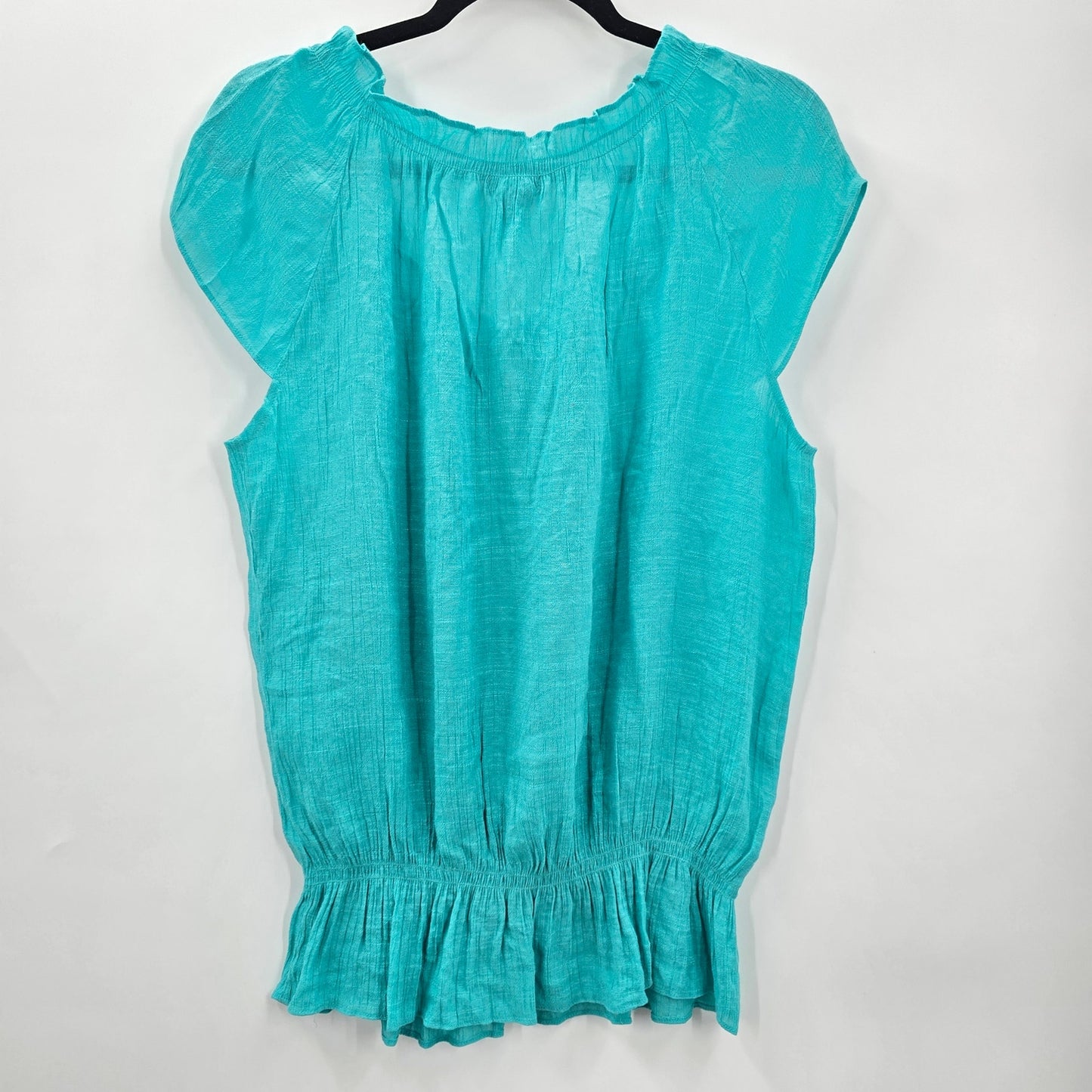 New Directions Green Short Sleeve Sequins L Ruffle Blouse Top Shirt Large