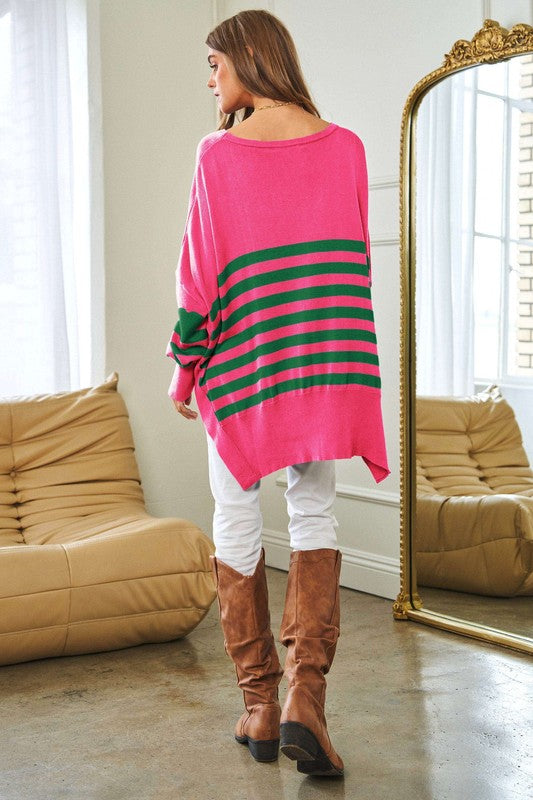 Multi Striped Elbow Patch Loose Fit Sweater Top