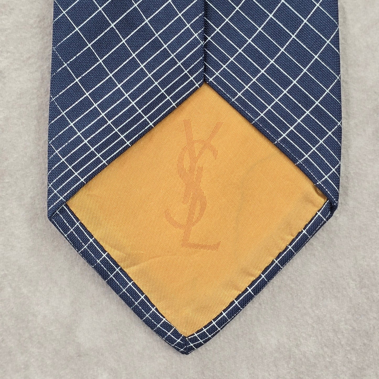 Yves Saint Laurent YSL Blue Gold Stripe Plaid Executive Silk Italy Neck Tie Men