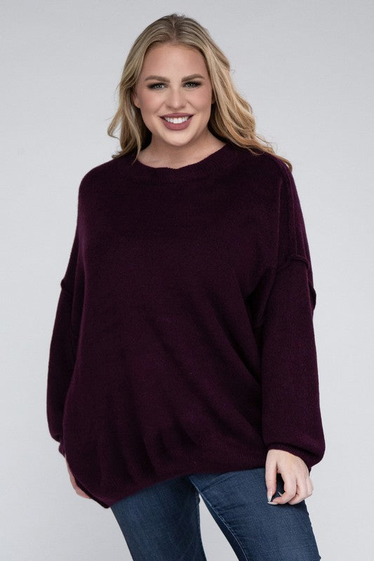 Plus Oversized Round Neck Raw Seam Melange Sweater