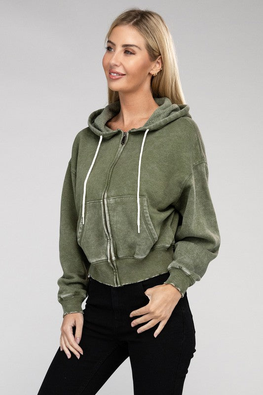 Acid Wash Fleece Cropped Zip-Up Hoodie