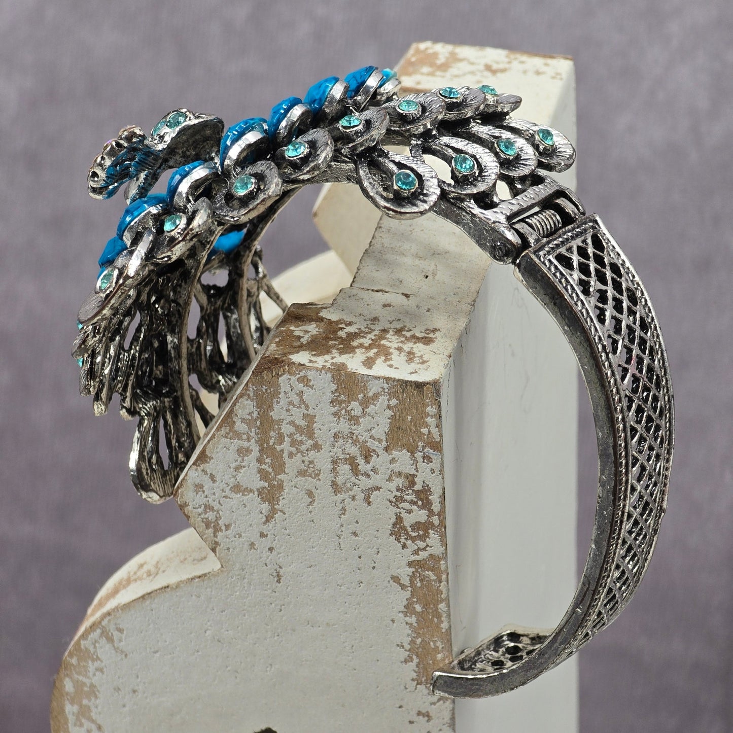 Zara Blue Silver Peacock Gems Metal Cuff Bracelet Fashion Jewelry NWOT JB4-18