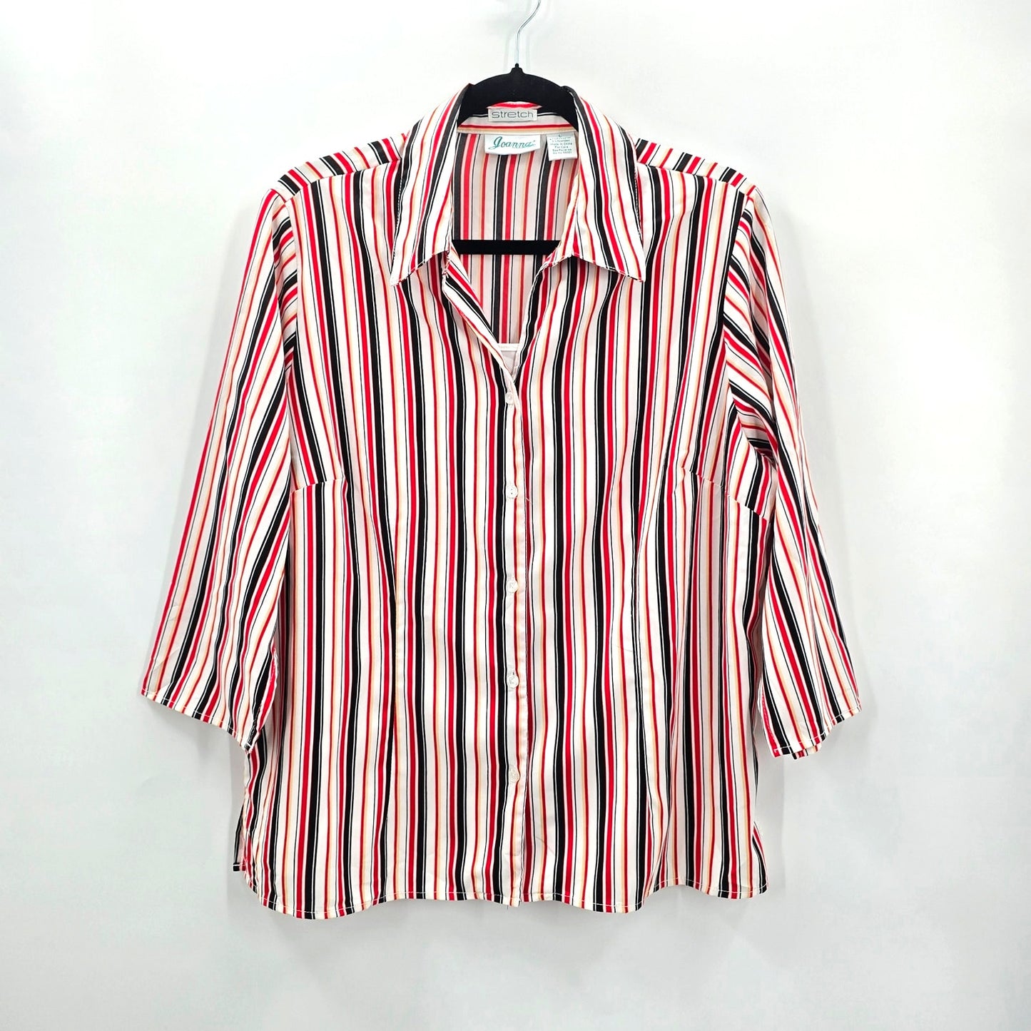 Joanna Red Black Stripe Stretch Button Poly Spandex L Blouse Top Shirt Large