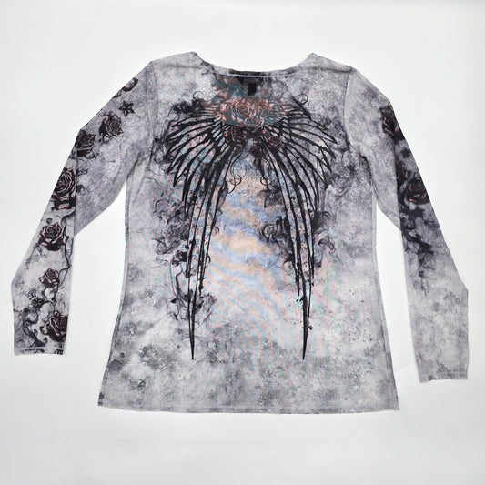 Rock & Republic Gray Mesh Floral Wing Sheer Long Sleeve Blouse Top Shirt Large