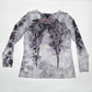 Rock & Republic Gray Mesh Floral Wing Sheer Long Sleeve Blouse Top Shirt Large