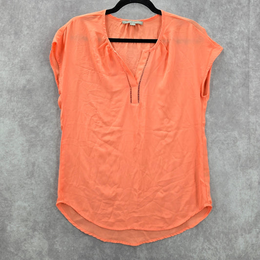 Valerie Stevens Orange Coral Short Sleeve V Neck Hi Low Blouse Top Shirt Small